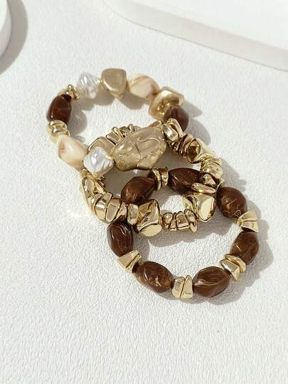 3pcs/Set Vintage Boho Thick Multi-Layer Acrylic Beaded Bracelet, Fashion Luxury Accessory For Women, Couples, Party, Daily Wear