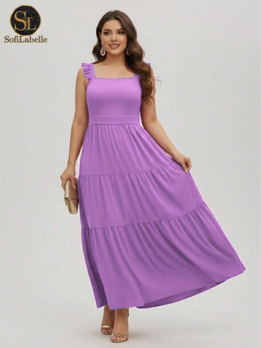 Women's Long Dress Plus Size Three Marias Evangelical Fashion Elegant Party Sleeve Strap Ruffle Duna - Pastel Lavender - View 1