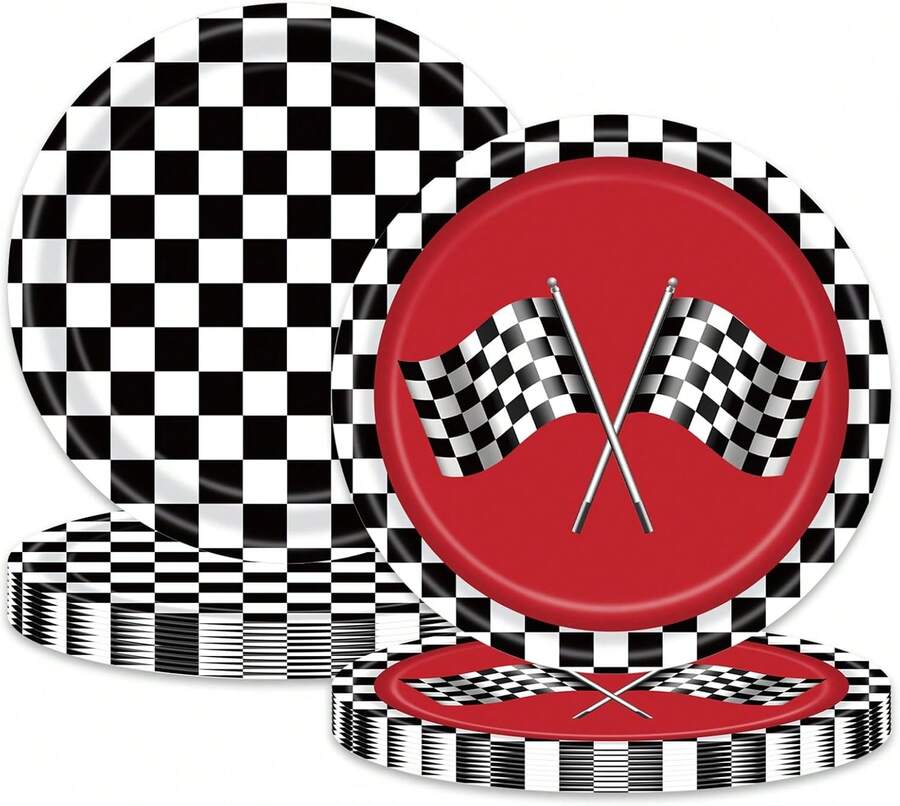 50 PCS Race Car Black And White Checkered Party Plates, Racing Car Theme Dessert Plates For Boys Girls Race Car Party Supplies,25837418 - 黑色 - 查看 1