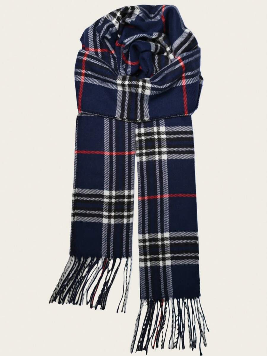 经典格子围巾，百搭男友礼物，高品质双面保暖围巾，男女皆宜，适合秋冬季 - 藍色 - 查看 1