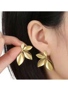 Thick Gold Smooth Flower Leaf Earrings - Fashionable Flower Leaf And Geometry Pendant Pendant Pendant Earrings | Daily Luxury Accessories - 金色 - 查看 9