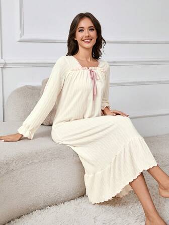 Standard Size Women Casual Princess Collar Sleepwear Dress, Suitable For Loungewear