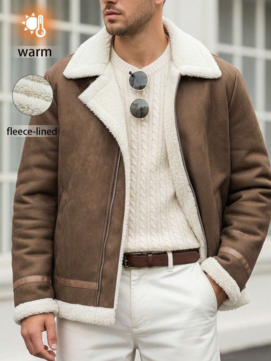 Men's Loose And Dropped Shoulder Silhouette Faux Fur Collar Warm Thermal Lined PU Leather Jacket, Autumn/Winter - Coffee Brown - View 1