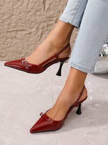 2025新款夏季优雅女士酒红色尖头高跟凉鞋，坡跟小猫跟闭趾凉鞋，秋季坡跟踝靴，勃艮第酒红色高跟鞋 - 酒紅色 - 查看 2