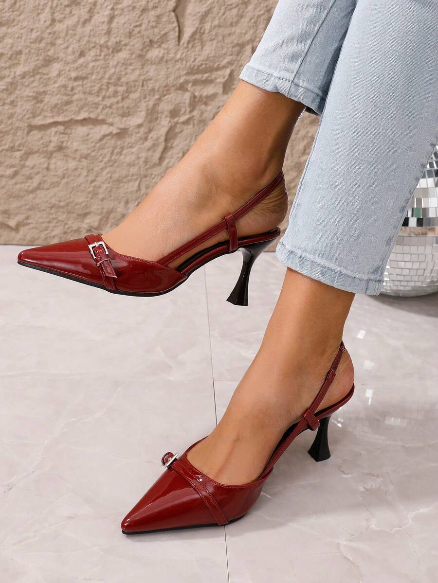 2025新款夏季优雅女士酒红色尖头高跟凉鞋，坡跟小猫跟闭趾凉鞋，秋季坡跟踝靴，勃艮第酒红色高跟鞋