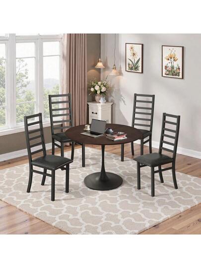 Set Of Metal Dining Chairs, Steel Legs PU Leather Seats, Armless High Back Kitchen, Living Room, Grijs view 4