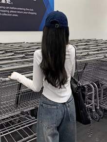 女式秋季V领长袖T恤，收腰，修身，打底衫 - 白色 - 查看 5