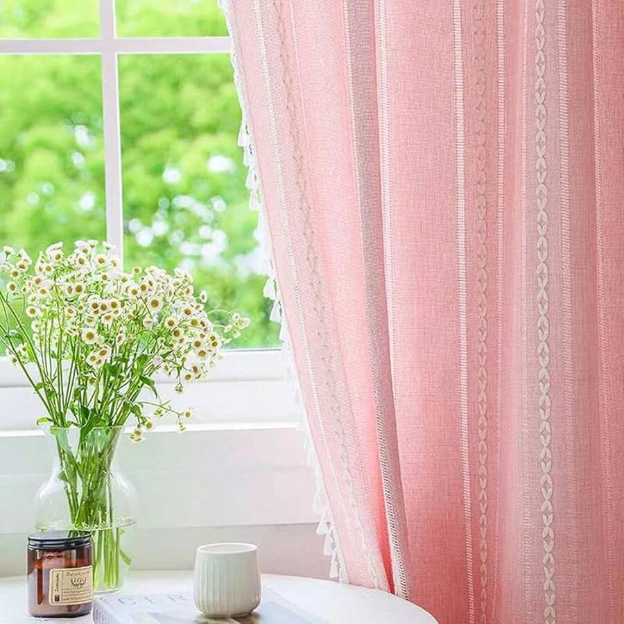 Boho Curtains 84 Inches Long Bedroom, Taupe Cotton Linen White Stripes Embroidery, Chic Hollow Geometric, Semi Blackout Window Vintage Drape With Tassels, 1 Panel W52 X L84, Fashionable Home Decor - Blush Pink - 查看 1