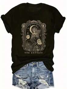 100% Cotton Stylish Black And Golden Women's Vintage "The Empress" Tarot Card Print Tee | All-Season Wear, Tarot Card Reading | Mystical Aesthetic | Quality Graphic Print - 黑色 - 查看 2