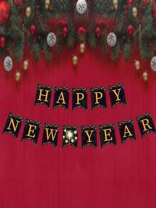 1pc Black & Golden Chinese New Year Banner With Golden Lettering - Elegant Chinese Characters & English Happy New Year Bilingual Party Decorations For Lunar New Year, Office, Events - Golden Lettered Black Paper Banner Flags - Multicolor - View 2