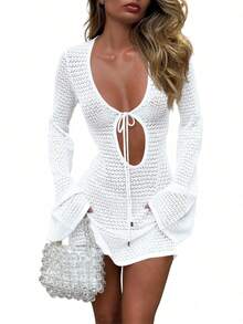 Fisoew Women's Crochet Swimsuit Cover Up Dress Long Sleeve Beachwear V Neck Tie Front Mesh Knit Summer Coverup Tunic Sheer Boho Beach Dress Vacation Outfits Summer Holiday Essentials - trắng - Xem 1
