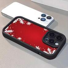 1PC Phone Case ,  Red Background Snowflake Pattern Border , Stylish Phone Case, Phone Decoration, All-around Lens Protection, Creative Small Gift, Funny Gift for Boys and Girls