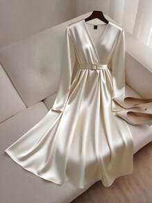 Satin + Belt Decor Long Sleeve Midi Dress - Apricot - View 8