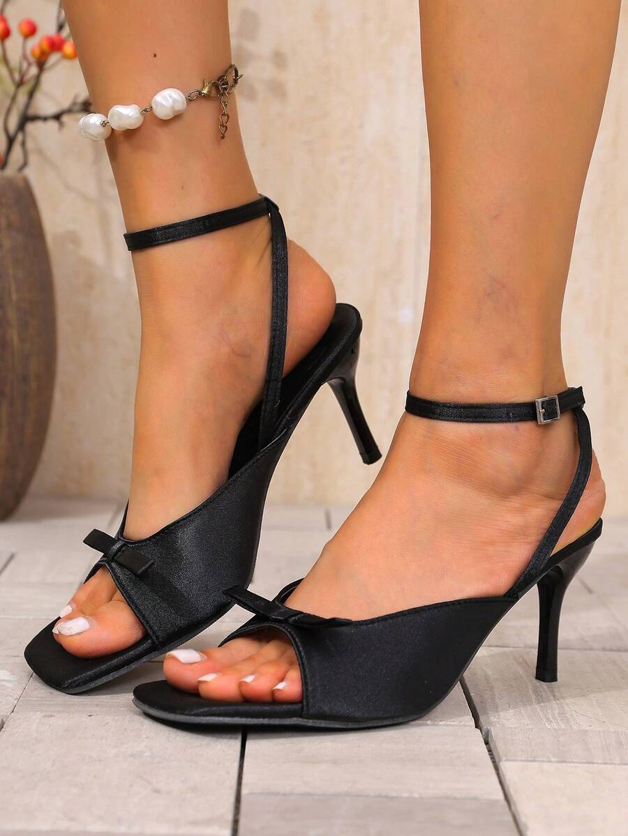 2025 New Square Toe Ankle Strap Black Bowknot High Heel Sandals, Commuting, Daily, Work, Stiletto Open Toe Elegant Women Shoes,Spring Summer Outfits - Black - View 1