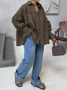 Women's Casual Shirt, Button Cuff Wide Sleeve Shirt, Solid Color Polyester Spring - Brown - View 5