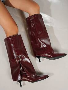 Pointed Toe Riding Boots, Fashionable Tall Metal Buckle Slim High Heel Straight Tube Leg Boots, Slimming Knee-High Boots