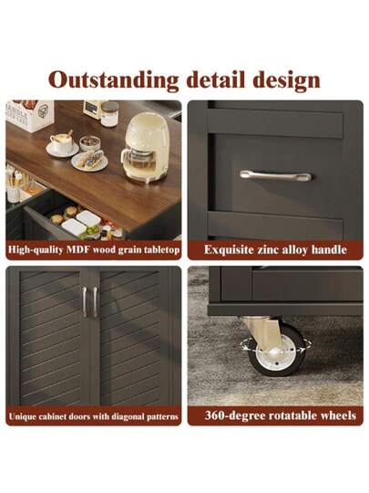 Kitchen Trolley Diagonally Gestreepte Cabinet Doors, Removable Towel Spice Rack, Adjustable Dividers, Sideboard, Tafel Top Wood Grain, Zwart view 6