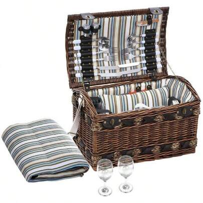 Outdoor Wicker 4 Person Picnic Basket With Insulated Blanket, Brown