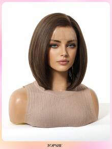 [Velvet Locks]New 13*4 Glueless Front Lace Wig 12 Inch Black Brown Short Straight Hair Wig Fashion Women No Bangs Pre-Trimmed Heat Resistant Synthetic Hair Soft And Smooth Suitable For Beginners Daily Wear, Y2K Style, Party, Cosplay, Dance, Travel, Festival - 咖啡棕 - 查看 5