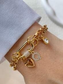 1pc STYLEVER Gold-Color A-Z Letter Bracelet, Screw Clasp Chain, Minimalist Rhinestone Letter Pendant, Stainless Steel Chain, Unique Charm Bracelet, Suitable For Daily, Party, Banquet Decoration - Yellow Gold - View 21