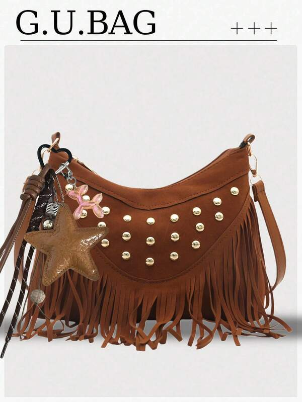 Women's Rivet Tassel Trim PU Crossbody Bag Bohemian Hippie Western Style Shoulder Handbag Rivet Wallet Tassel Gold Rivet Bohemian Rivet Wallet Crescent Bag Western Hobo PU Shoulder Bag Women's Daily Party Club, Women's Tassel Crossbody Bag, Vintage Handbag, Fashion Handbag Fashion Rivet Small Handbag Dumpling Bag With Star Pendant, Suitable For Vacation Travel Daily Match
