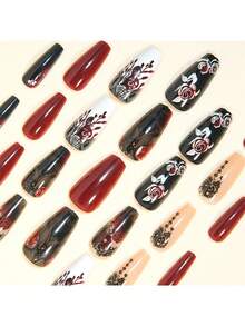 24 Peças Unhas Acrílicas Quadradas Médias Postiças Vermelhas e Pretas com Desenho de Flor, Cobertura Completa Brilhante Clássica, Unhas Falsas para Uso Diário, Encontros, Festas para Mulheres e Meninas no Outono e Inverno