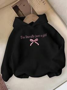 Women's Hooded Sweatshirt, Long-Sleeved Casual Pullover, Printed With "I'm Just A..." And Decorated With A Pink Bow, Bright Red, Regular Fit, Hand Wash Recommended. Women's Printed Sweatshirt. - 黑色 - 查看 6