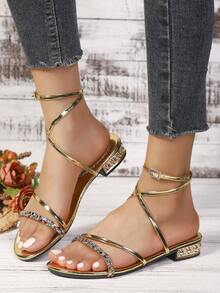 女士水钻装饰系带高跟凉鞋，纯色，优雅，时尚波西米亚休闲，PU 皮革交叉带，高跟沙滩凉鞋，夏季 - 金色 - 查看 3