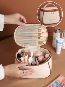 PU皮革便携旅行化妆包，多功能大容量收纳包，化妆工具隔层包，化妆刷收纳袋，浴室洗漱包，多层化妆包，化妆品整理包，便捷旅行手提包，防水收纳包，适用于护肤品、化妆品、化妆刷、粉底、口红等，适合海滩、学校、浴室、度假、情人节、圣诞节等场合，是送给家人和朋友的理想礼物。