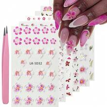 Nail Art Stickers Decals 5D Embossed Flower Nail Decals Self Adhesive Spring Summer Plumeria Tulip Supplies 3D Nails Design For Women Decoration Pink Flower Nails Sticker{Inchcolor_nameinch:InchColorful-12inch} - 彩色-12 - 查看 1