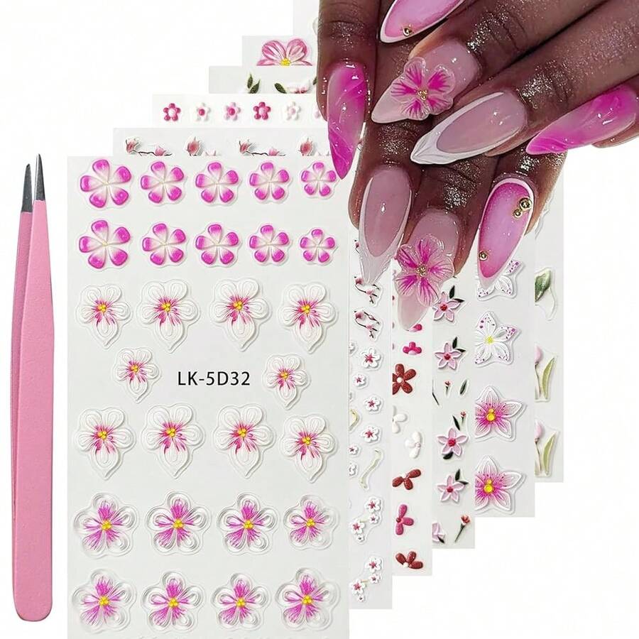 Nail Art Stickers Decals 5D Embossed Flower Nail Decals Self Adhesive Spring Summer Plumeria Tulip Supplies 3D Nails Design For Women Decoration Pink Flower Nails Sticker{Inchcolor_nameinch:InchColorful-12inch} - 彩色-12 - 查看 1