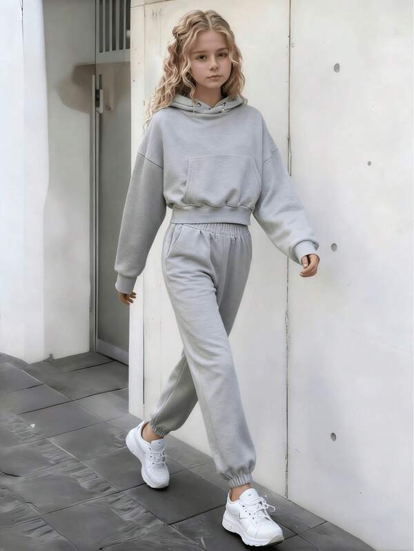 Autumn/Winter Girls Hoodie Set, Teenage Girls Long Sleeve Pants 2 Pieces Set, Hooded Sweatshirt And Sweatpants Set, Casual Style, Suitable For 13-16 Years Old, Solid Color Sweatsuit, Sporty