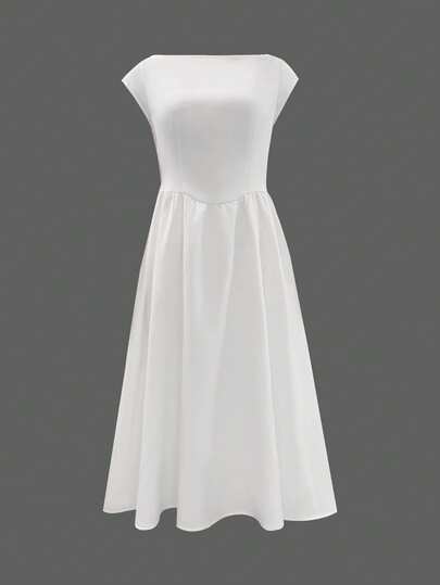 优雅的白色露背荷叶边下摆连衣裙，无袖高腰修身礼服