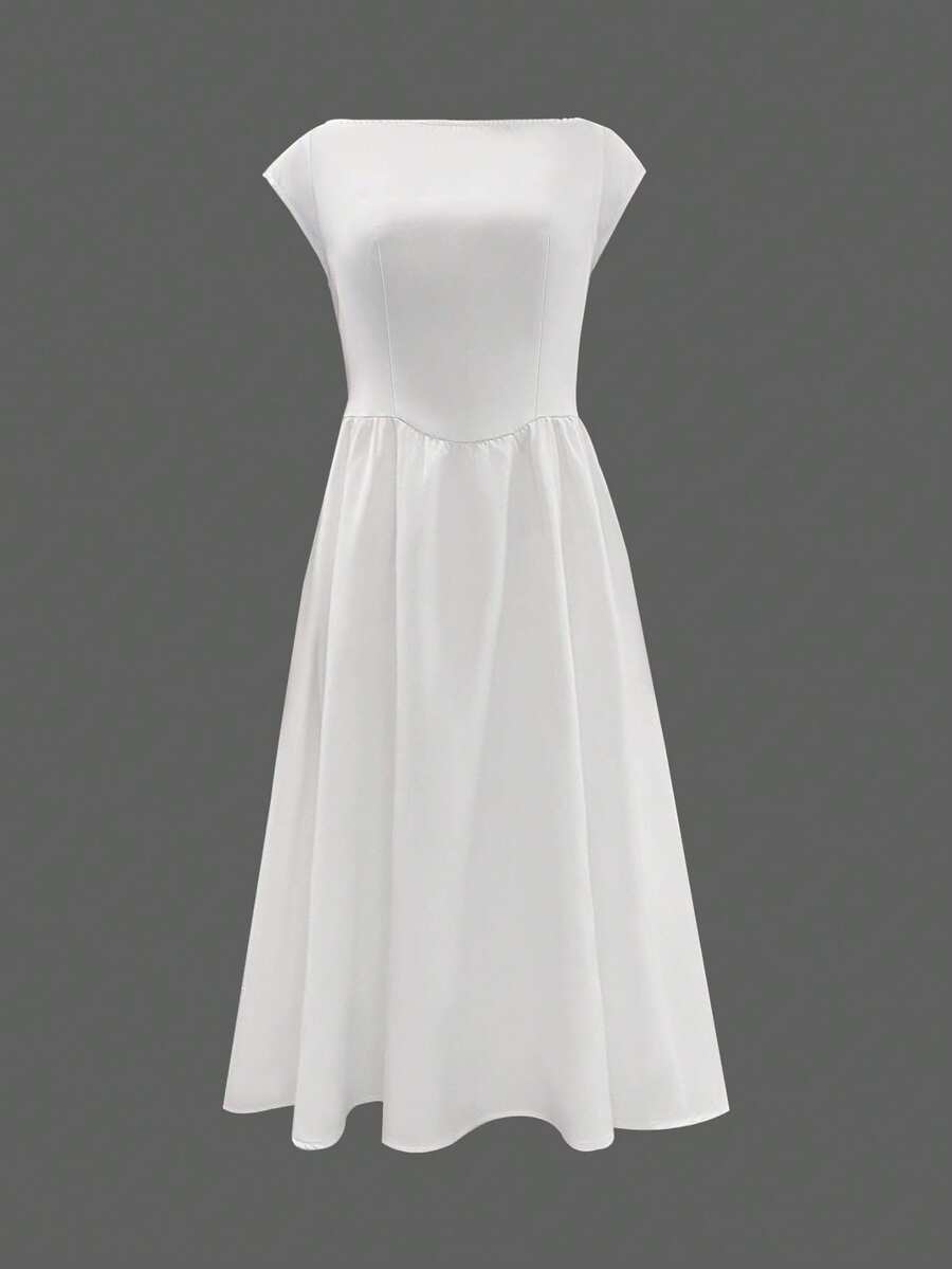 优雅的白色露背荷叶边下摆连衣裙，无袖高腰修身礼服