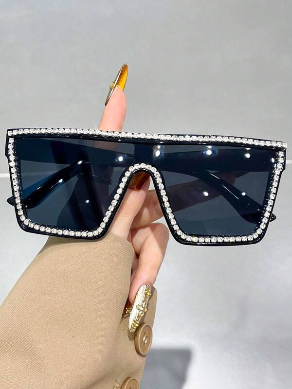 1 pezzo Occhiali da donna alla moda con decorazione di strass quadrati, stile Y2K, accessorio da spiaggia, adatto per festival musicali, Ognissanti, feste di Natale, vacanze estive in spiaggia, attività all'aperto, viaggi, ritorno a scuola