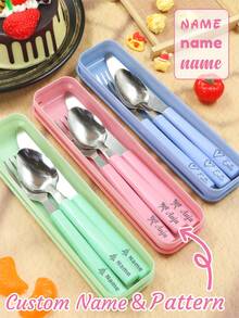 Custom Name Forks Spoons And Knives Set, Personalized Forks Stainless Steel, Customized Portable Tableware Three Pieces Set, Christmas, Christmas Gifts, Anniversary, Travel, Portable, With Cartoon Pattern, Friends, Colleagues, Office, Unique Gift - Style B - View 2