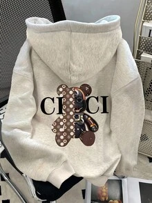 Sudadera con capucha casual de mujer LOVE JOYY con estampado de oso y letras, de manga caída, para otoño/invierno