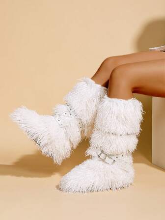 2025 Autumn/Winter New Fashion Y2K Punk Thick Sole Snow Boots, Faux Shearling Lined Rivet Boots, Platform Furry Boots