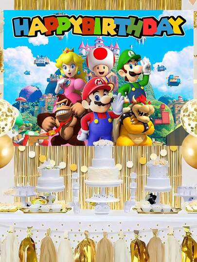  Super Mario Mario Theme Birthday Background Cloth Children's Party Party Photo Banner Decoration Photography Vinyl Party Photo Background Wall, Party Photography Props And Accessories Birthday Party Small Gifts
