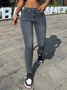 Women's Denim Skinny Jeans In Black Long Length With Pockets Buttons And Zipper Detail Medium Stretch For Comfort And Style - 灰色 - 查看 1