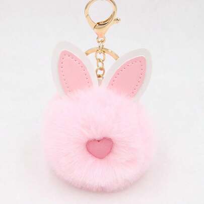 Pink Cute Rabbit Ear Pom Pom Keychain, Leather & Metal Gold Keyring, Bag Decoration