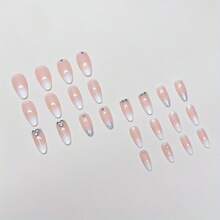 A Set Of 24 Ultra Shiny Medium To Long Almond Shaped Nail Drills With A Fresh And Atmospheric Look, Suitable For Women To Wear, Sharp And Diamond Shaped Fake Nail Art, Elegant Fake Nail Art 24 Pcs French-Style Pointed Press-On Nails Medium Almond Press-On Gradient Nails Y2K Style Shiny And Vibrant Finish Removable Design Novel Style Full Coverage Suitable For Women's Daily Wear - 粉色 - 查看 4