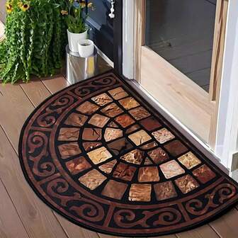 1pc Luxurious Vintage Semi-Circular Doormat - Crystal Velvet, Non-Slip Silicone Backing, Mosaic Stone Pattern With Decorative Border, Perfect For Entryway, Bedroom, Kitchen, And Bathroom Home Decor, Bathroom Mat | Elegant Home Accessory | Nonslip Backing