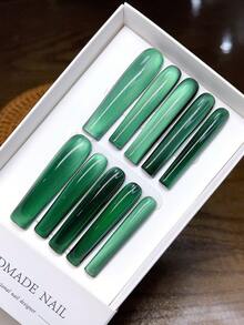 10片纯手工制作可佩戴美甲贴片；水烟管形状；手绘复古绿色猫眼美甲贴片；按压式美甲贴片 - 彩色 - 查看 2
