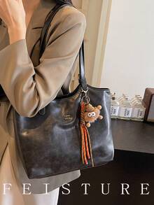 Large Capacity Daily Commute Shoulder Bag, Fashionable Tote Bag, Magnetic Closure, With Pendant, Suitable For Daily Outing, Dating, Commuting - Black - View 4