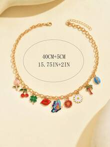 1pc Summer Multi-Element Combination Pendant Necklace, Gold Chain With Cute Butterfly, Flower, Four-Leaf Clover, Cherry, Shell Designs, Fashionable Necklace For Women, Suitable For Daily Wear And Party - Multicolor - View 5