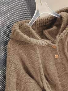 Solid Color Casual Minimalist Drawstring Hooded Pullover Sweater - Khaki - View 3