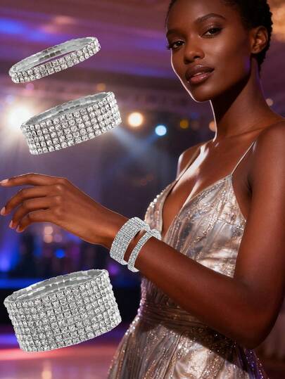 1/3 piezas Pulsera de mujer con strass, tono plateado, pulsera elástica de mujer, tono dorado para muñeca pequeña