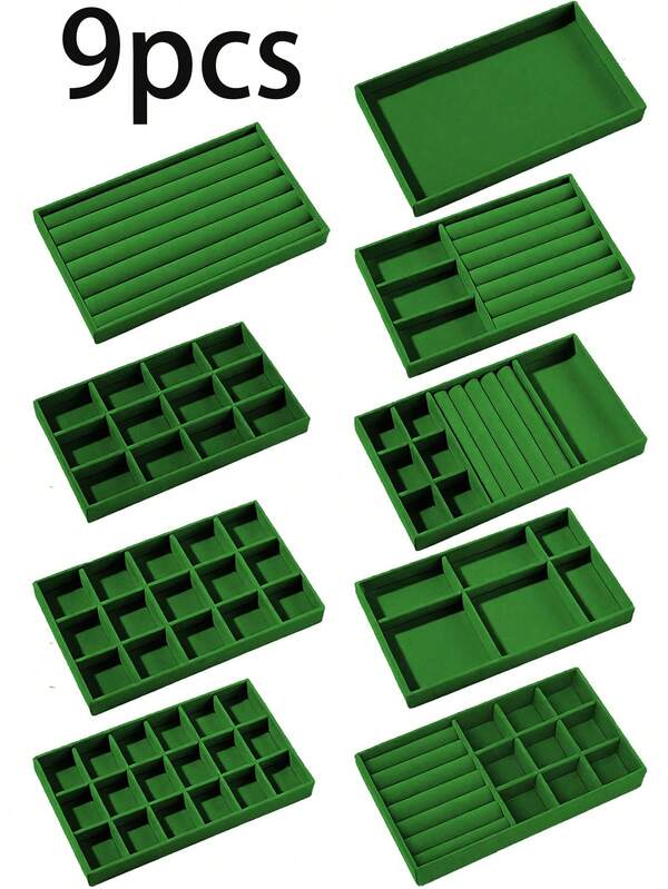 1pc/9pcs Olive Green Jewelry Tray, Stackable Jewelry Storage Tray, Dresser Jewelry Drawer Organizer Insert, Jewelry Box, Velvet Jewelry Box, Can Store Rings, Earrings, Necklaces, Watches, Bracelets, Brooches, Jewelry Display Tray, Valentine's Day Gift