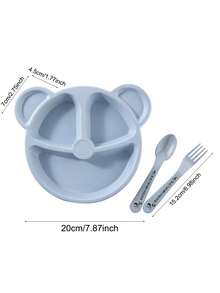 Juego de vajilla infantil de 3 piezas, juego de platos infantiles con plato dividido, cuchara y tenedor, juego de vajilla infantil, juego de alimentación para niños, plato de paja de trigo con diseño dividido, perfecto para niños y niñas que están aprendiendo a comer solos, vajilla infantil para Navidad, cumpleaños, uso diario, accesorio de mesa duradero y elegante - Azul - Ver 4